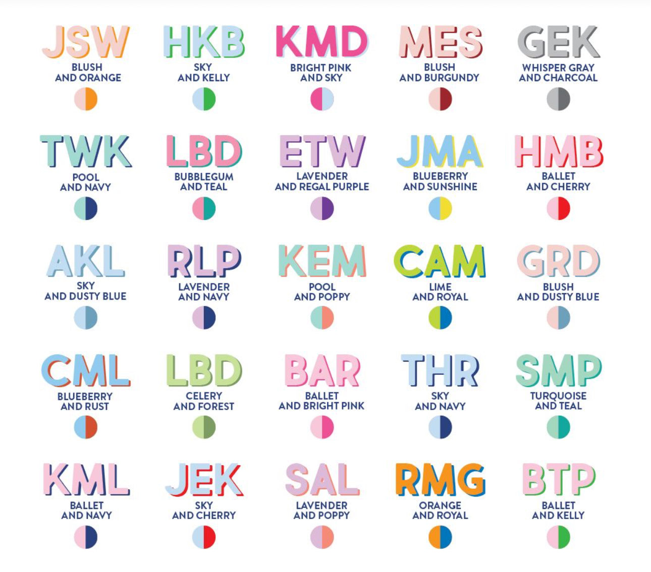 Color swatches with names and color combinations on a white background